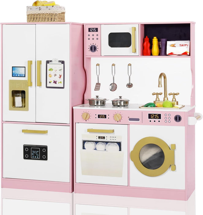 Wooden Play Kitchen Set for Kids with Sink, Freezer, Ice Maker, Washing Machine & Accessories Large Storage & Realistic Features