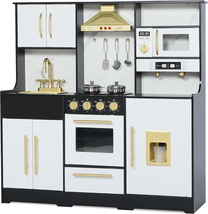 Kinder King Wooden Kids Play Kitchen, Toy Kitchen Playset for Toddler, Realistic Kitchen Sets w/Lights & Sounds, Gift for Boys Girls Age 3+