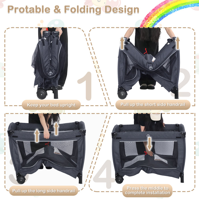 Kinder King 4-in-1 Convertible Baby Playard with Bassinet, Diaper Changer, Cradle&Bedside Sleeper, Breathable Mesh, Storage Organizer&Lockable Wheels