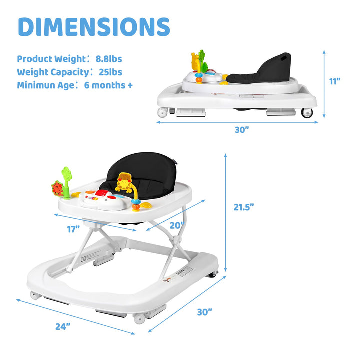 2 in 1 Folding Baby Walker Adjustable Height & Speed With Wheels & Music Toys