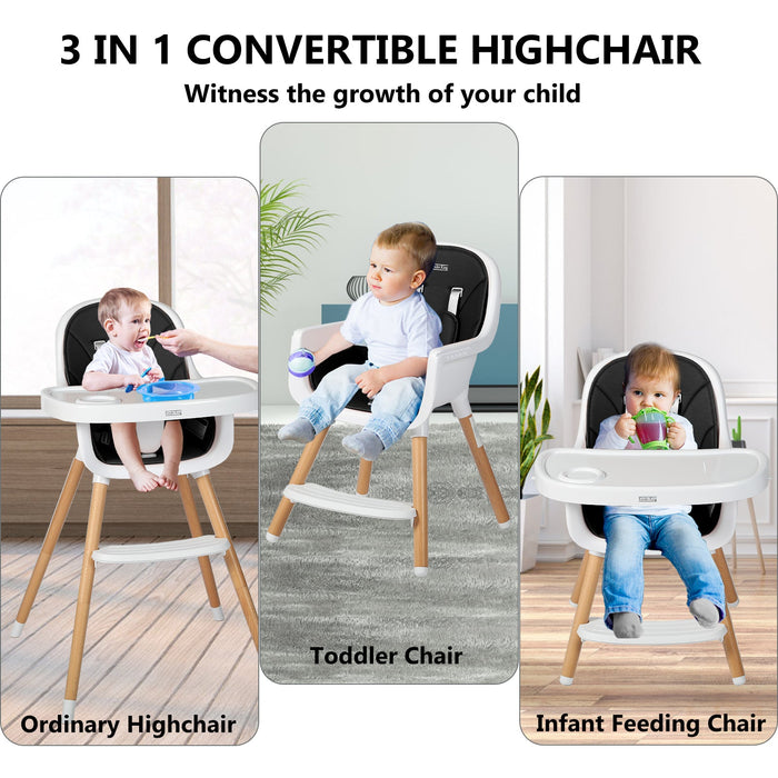 3 in 1 Wooden Baby High Chair with Double Removable Tray