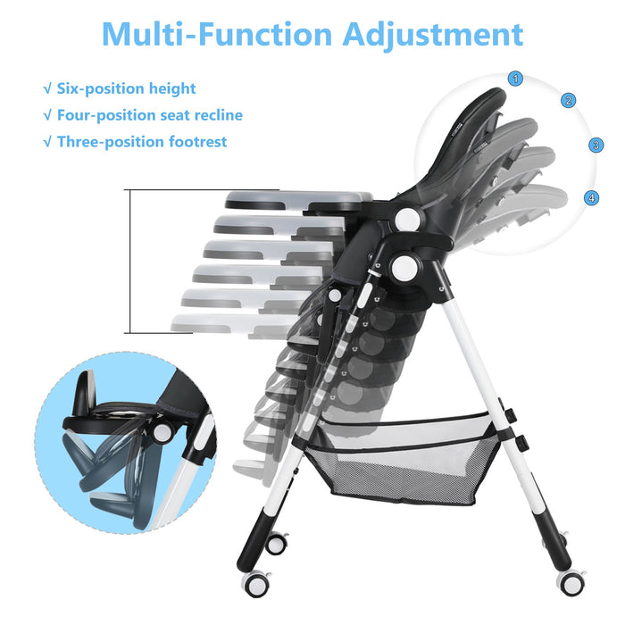 Foldable Baby High Chair with Wheels Adjustable Height