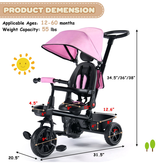 6-in-1 Kids' Tricycle with Removable Canopy & Push Handle for Toddlers (12-60 Months)