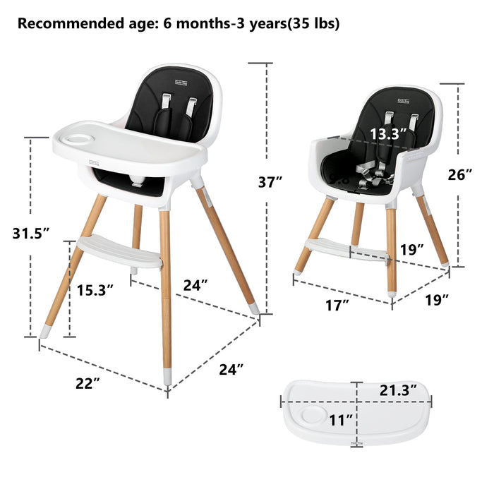 3 in 1 Wooden Baby High Chair with Double Removable Tray