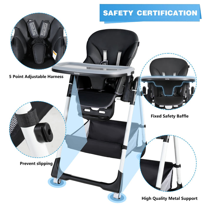 Foldable Baby High Chair with Wheels Adjustable Height