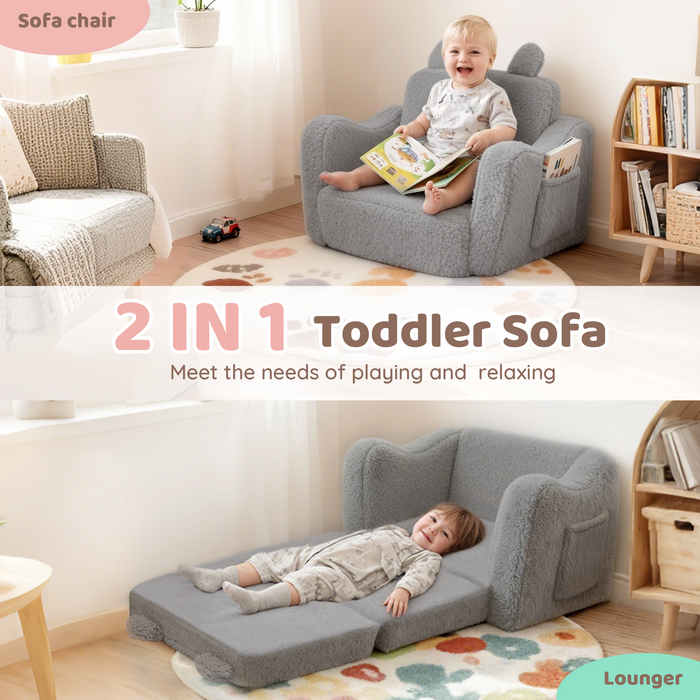 AILEEKISS Toddler Sofa Chair, 2-in-1 Foldable Baby Couch Flip Open Sofa Bed for Playroom, Grey
