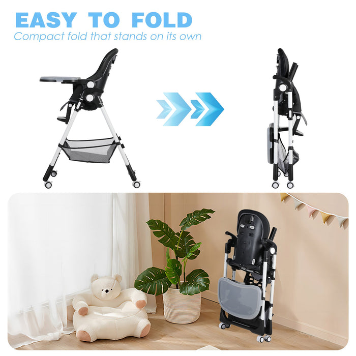 Foldable Baby High Chair with Wheels Adjustable Height