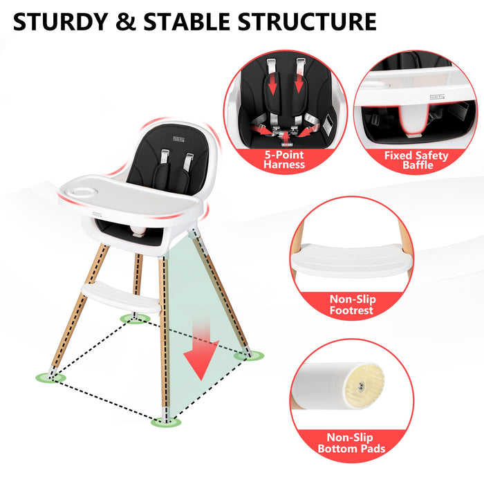 3 in 1 Wooden Baby High Chair with Double Removable Tray