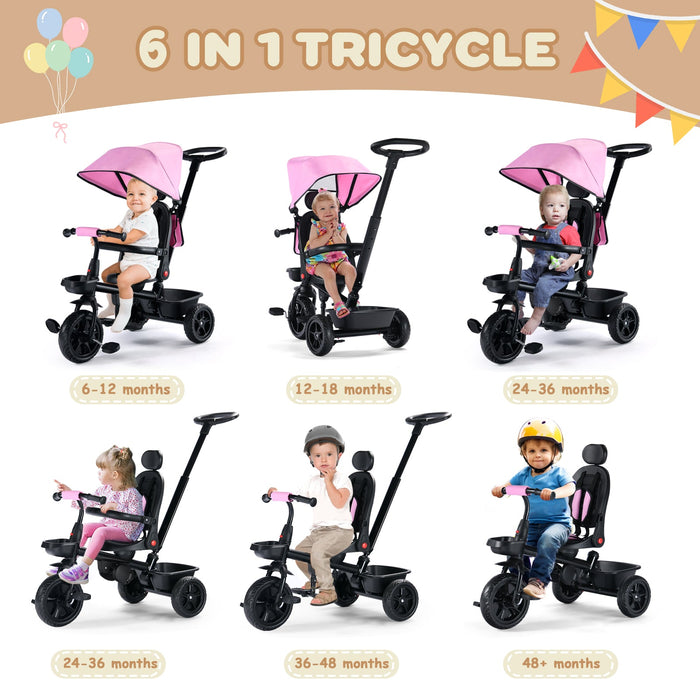 6-in-1 Kids' Tricycle with Removable Canopy & Push Handle for Toddlers (12-60 Months)