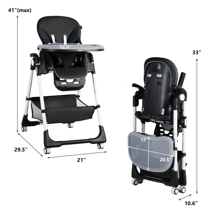 Foldable Baby High Chair with Wheels Adjustable Height