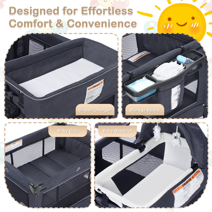 Kinder King 4-in-1 Convertible Baby Playard with Bassinet, Diaper Changer, Cradle&Bedside Sleeper, Breathable Mesh, Storage Organizer&Lockable Wheels