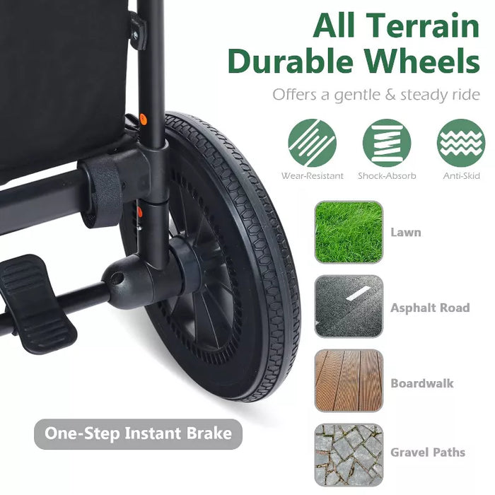 Folding Wagon Stroller for 2 Kids, Adjustable Handle, All-Terrain Shock-Absorbing Wheel, Detachable Tray, Diaper Bag