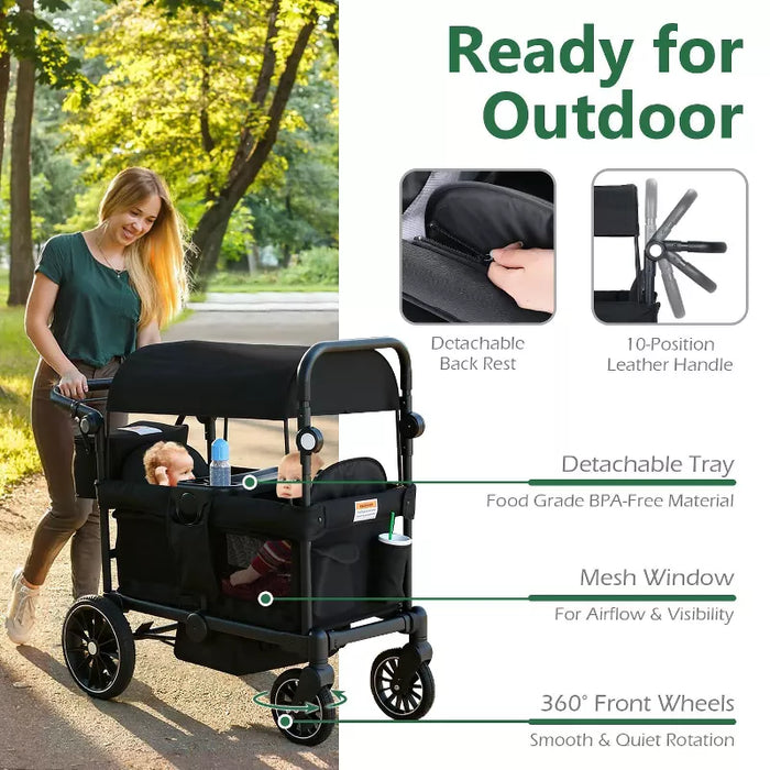 Folding Wagon Stroller for 2 Kids, Adjustable Handle, All-Terrain Shock-Absorbing Wheel, Detachable Tray, Diaper Bag