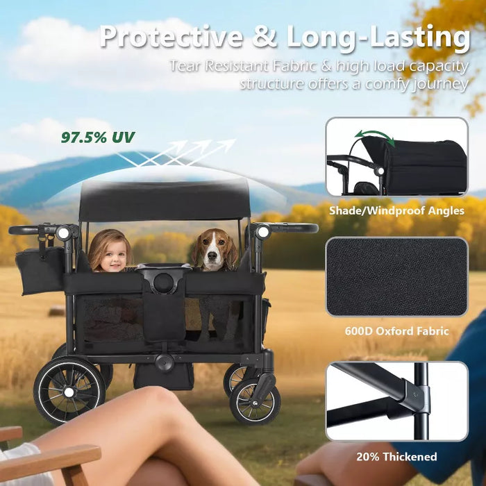 Folding Wagon Stroller for 2 Kids, Adjustable Handle, All-Terrain Shock-Absorbing Wheel, Detachable Tray, Diaper Bag