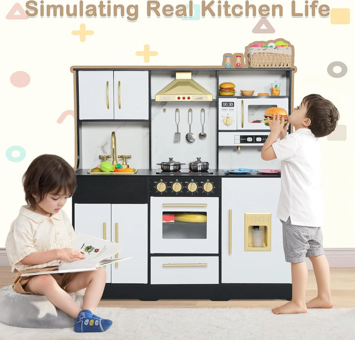 Kinder King Wooden Kids Play Kitchen, Toy Kitchen Playset for Toddler, Realistic Kitchen Sets w/Lights & Sounds, Gift for Boys Girls Age 3+