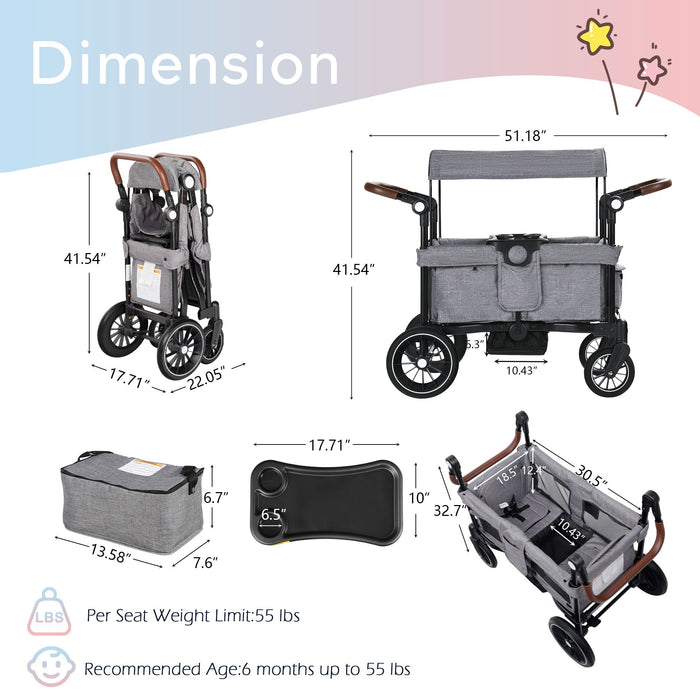 Folding Wagon Stroller for 2 Kids, Adjustable Handle, All-Terrain Shock-Absorbing Wheel, Detachable Tray, Diaper Bag