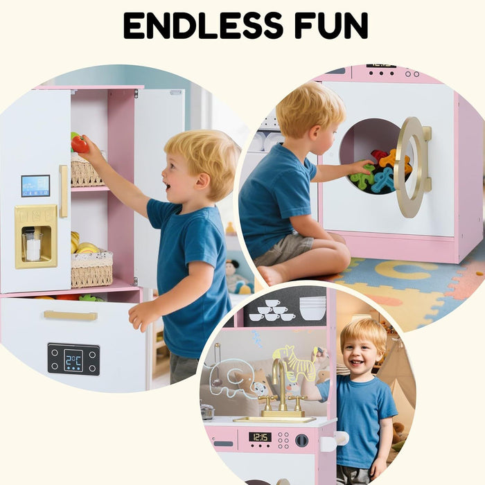 Wooden Play Kitchen Set for Kids with Sink, Freezer, Ice Maker, Washing Machine & Accessories Large Storage & Realistic Features