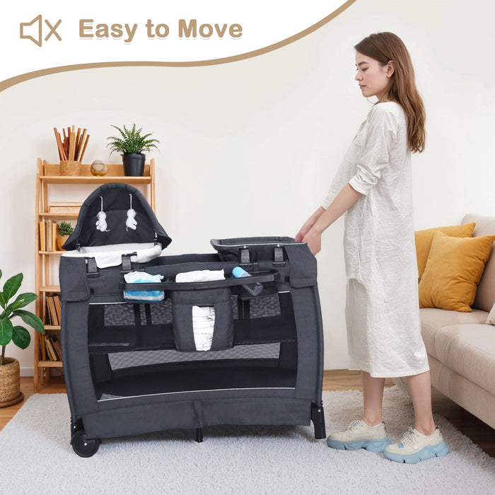 Kinder King 4-in-1 Convertible Baby Playard with Bassinet, Diaper Changer, Cradle&Bedside Sleeper, Breathable Mesh, Storage Organizer&Lockable Wheels