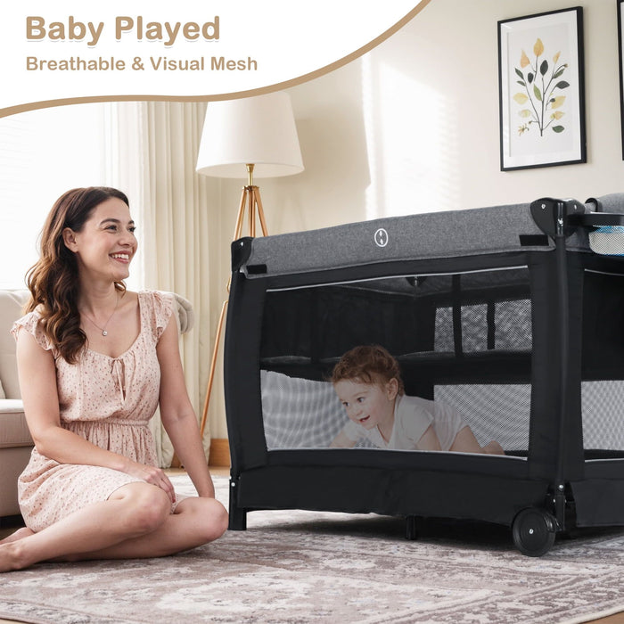 Kinder King 4-in-1 Convertible Baby Playard with Bassinet, Diaper Changer, Cradle&Bedside Sleeper, Breathable Mesh, Storage Organizer&Lockable Wheels