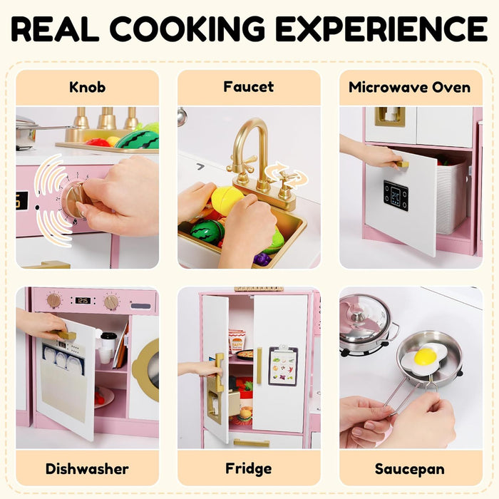 Wooden Play Kitchen Set for Kids with Sink, Freezer, Ice Maker, Washing Machine & Accessories Large Storage & Realistic Features