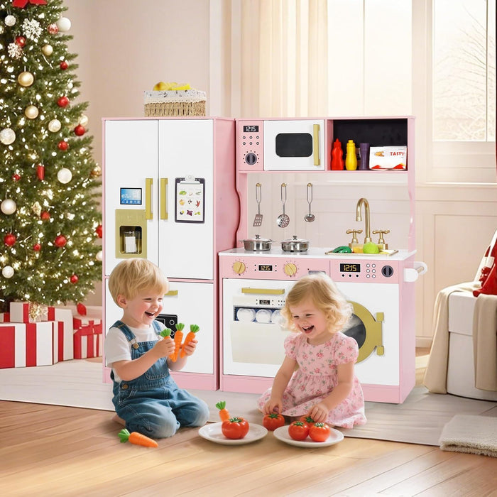 Wooden Play Kitchen Set for Kids with Sink, Freezer, Ice Maker, Washing Machine & Accessories Large Storage & Realistic Features