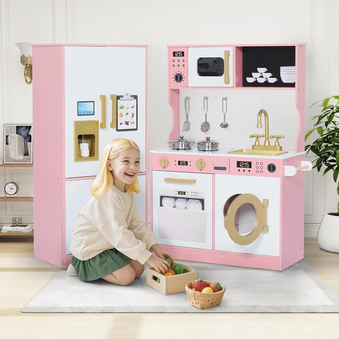 Wooden Play Kitchen Set for Kids with Sink, Freezer, Ice Maker, Washing Machine & Accessories Large Storage & Realistic Features