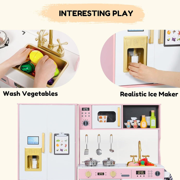 Wooden Play Kitchen Set for Kids with Sink, Freezer, Ice Maker, Washing Machine & Accessories Large Storage & Realistic Features