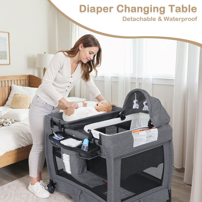 Kinder King 4-in-1 Convertible Baby Playard with Bassinet, Diaper Changer, Cradle&Bedside Sleeper, Breathable Mesh, Storage Organizer&Lockable Wheels