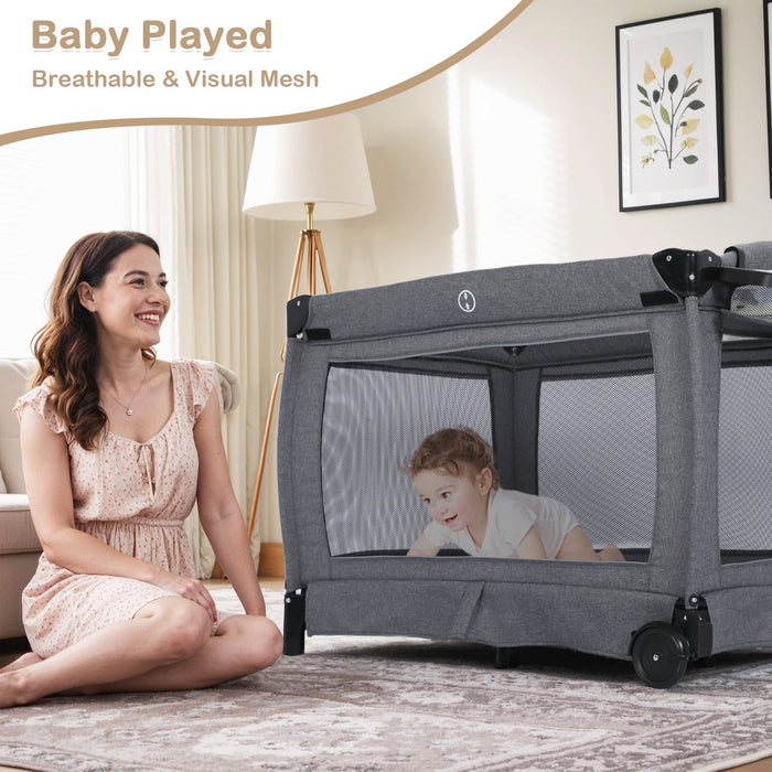 Kinder King 4-in-1 Convertible Baby Playard with Bassinet, Diaper Changer, Cradle&Bedside Sleeper, Breathable Mesh, Storage Organizer&Lockable Wheels