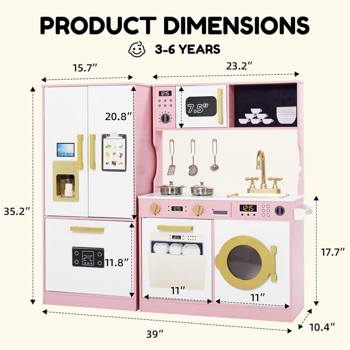 Wooden Play Kitchen Set for Kids with Sink, Freezer, Ice Maker, Washing Machine & Accessories Large Storage & Realistic Features