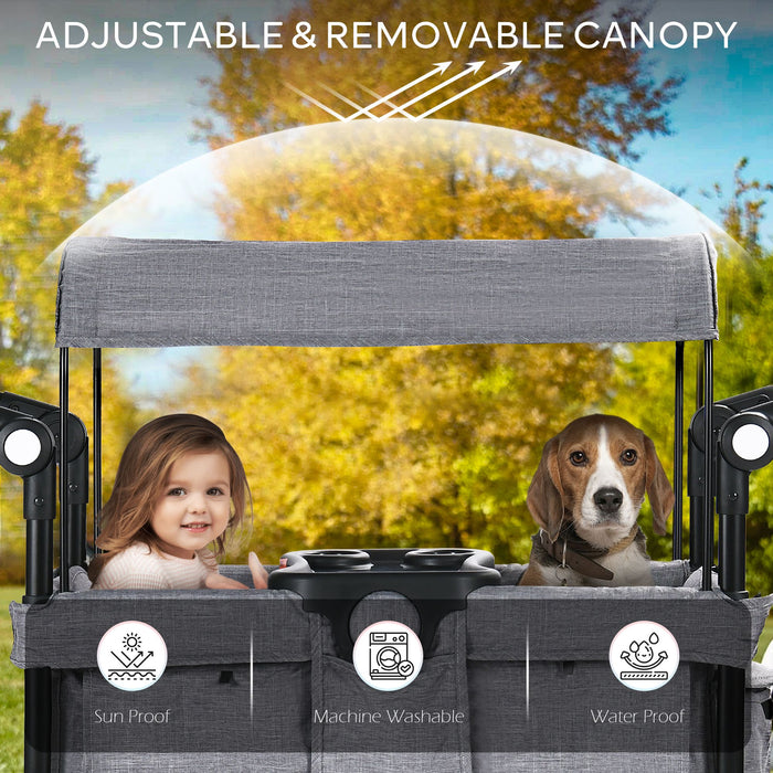 Folding Wagon Stroller for 2 Kids, Adjustable Handle, All-Terrain Shock-Absorbing Wheel, Detachable Tray, Diaper Bag