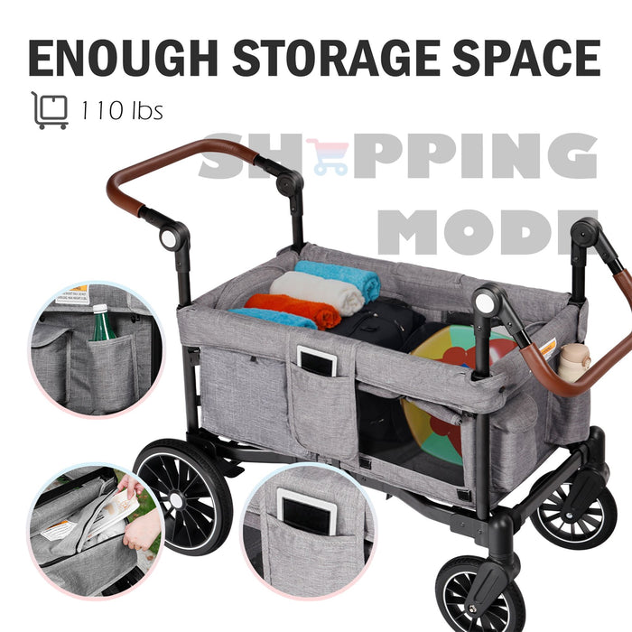 Folding Wagon Stroller for 2 Kids, Adjustable Handle, All-Terrain Shock-Absorbing Wheel, Detachable Tray, Diaper Bag