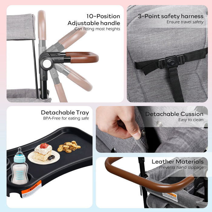 Folding Wagon Stroller for 2 Kids, Adjustable Handle, All-Terrain Shock-Absorbing Wheel, Detachable Tray, Diaper Bag