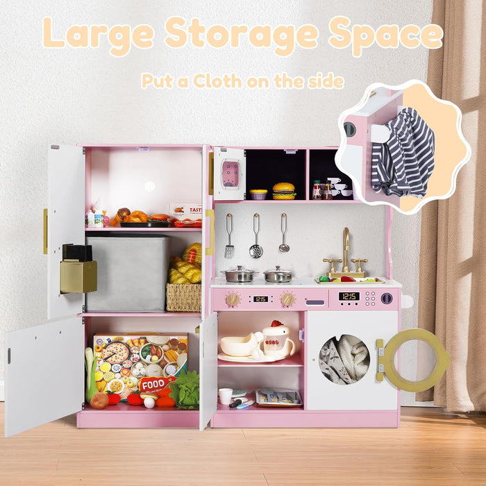 Wooden Play Kitchen Set for Kids with Sink, Freezer, Ice Maker, Washing Machine & Accessories Large Storage & Realistic Features