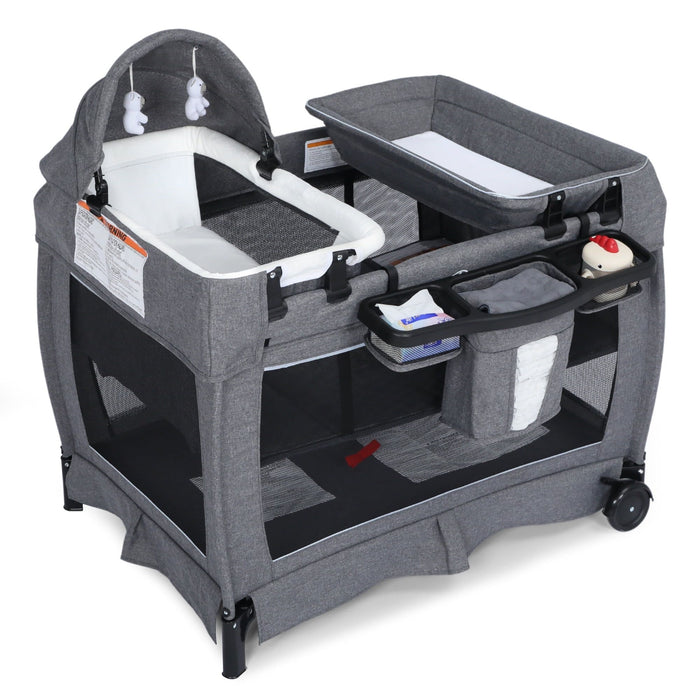 Kinder King 4-in-1 Convertible Baby Playard with Bassinet, Diaper Changer, Cradle&Bedside Sleeper, Breathable Mesh, Storage Organizer&Lockable Wheels