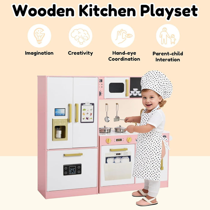 Wooden Play Kitchen Set for Kids with Sink, Freezer, Ice Maker, Washing Machine & Accessories Large Storage & Realistic Features