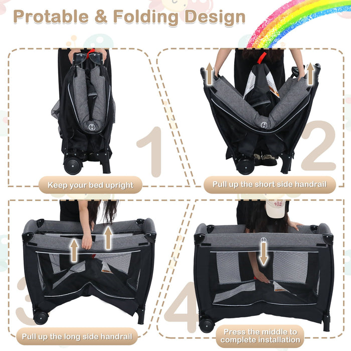 Kinder King 4-in-1 Convertible Baby Playard with Bassinet, Diaper Changer, Cradle&Bedside Sleeper, Breathable Mesh, Storage Organizer&Lockable Wheels