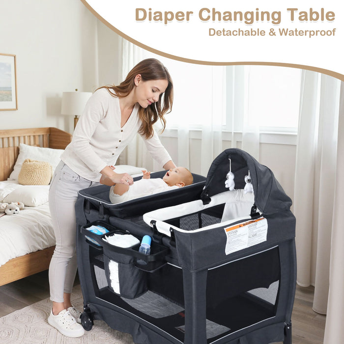 Kinder King 4-in-1 Convertible Baby Playard with Bassinet, Diaper Changer, Cradle&Bedside Sleeper, Breathable Mesh, Storage Organizer&Lockable Wheels